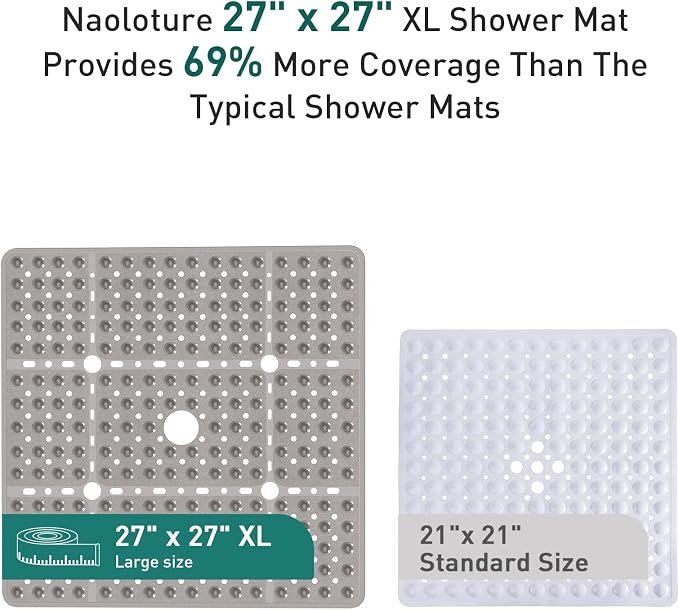 Large Square Shower Mat 27 x 27 Inch Clear Gray, Non Slip Shower Bathtub Mats for Inside Shower with Big Suction Cups Drain Holes, Anti Slip Bathroom Floor Stall Mats, Easy Clean, BPA-Free