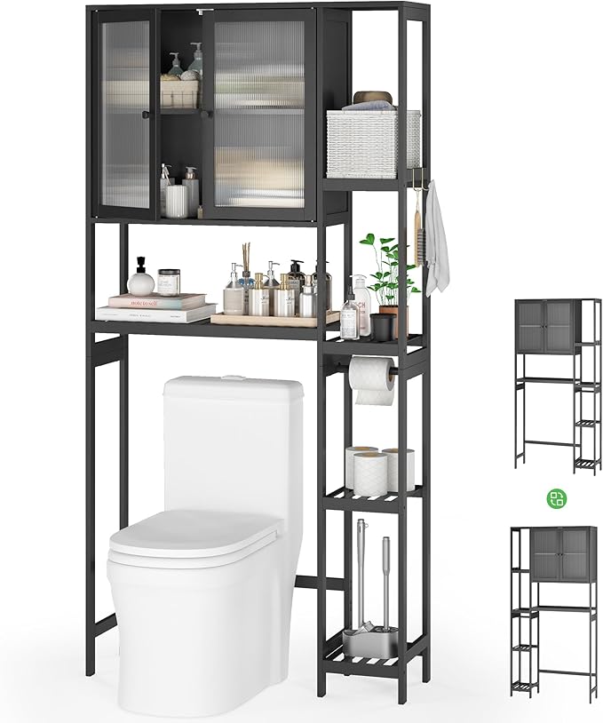 Over the Toilet Storage Cabinet Above Toilet Bathroom Organizer with Toilet Paper Holder Stand Bath Organizer with Adjustable Shelves & Acrylic Doors,Anti-Tip Device (Black)