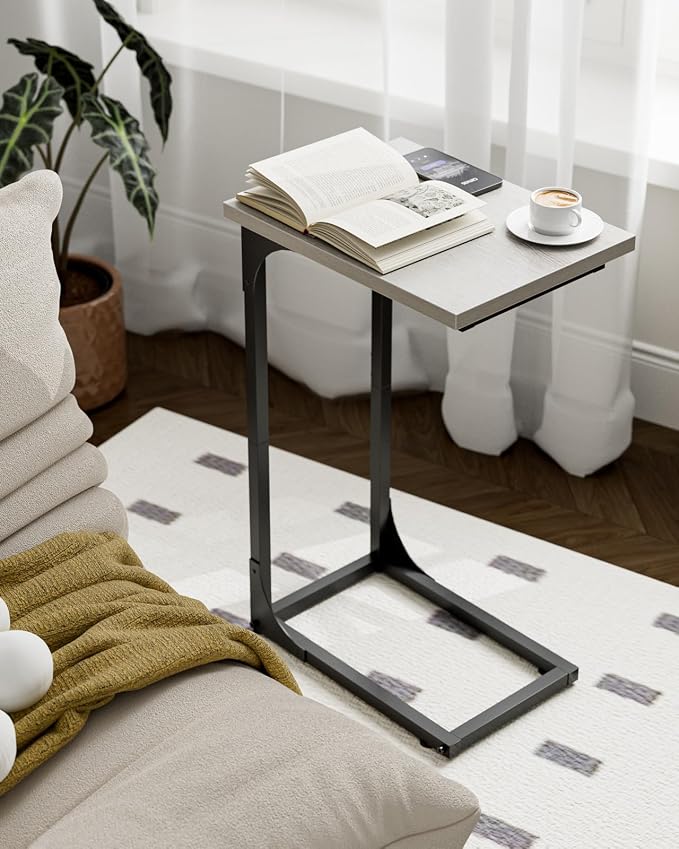 C-Shaped Side Table for Couch - Small Coffee Stand Sofa Tray Desk with Metal Frame and Waterproof Scratch Resistant, Modern End Accent for Living Room, Bedroom, Set of 2, Greige