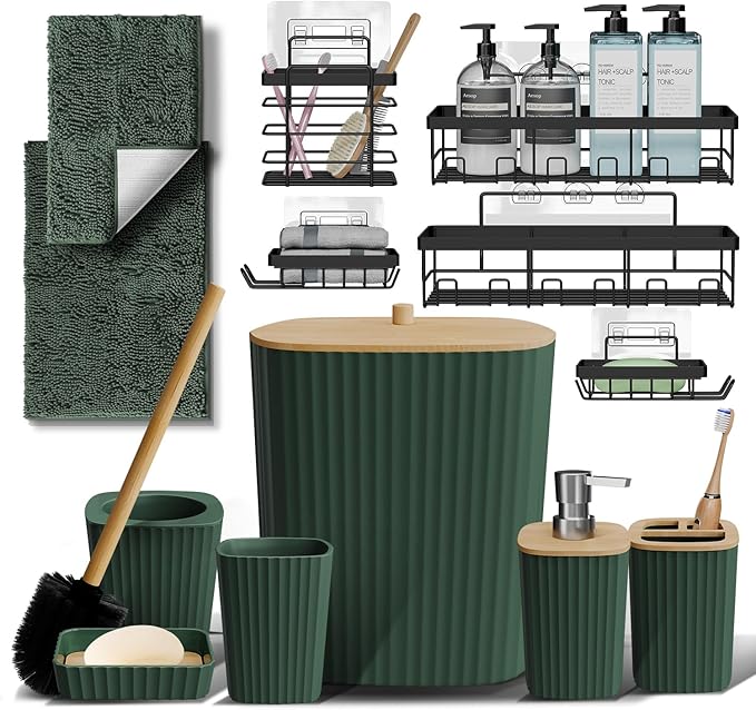 Clara Clark Bathroom Set - Hunter Green Bathroom Accessories Set, 6PC Bathroom Accessory Set, Bathroom Sets with Bathroom Rugs, Adhesive Corner Shower Caddy Hanging, Toilet Brush & Trash Can