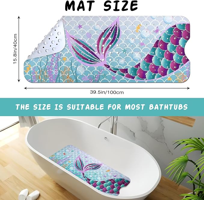 Mermaid Bathtub Mat Non Slip, Cute Baby Bath Mat for Tub Rubber Tub Mat, Kids Bath Mats for Bathroom Little Girls Anti Slip Shower Mat with Suction and Drain Holes Machine Washable, 40″X16″
