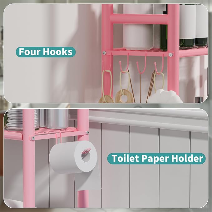 3-Tier Over The Toilet Storage Organizer, Space-Saving Bathroom Rack with Paper Holder & 4 Hooks, 64" Tall Freestanding Carbon Steel Shelf for Small Apartment Laundry Room (Pink)