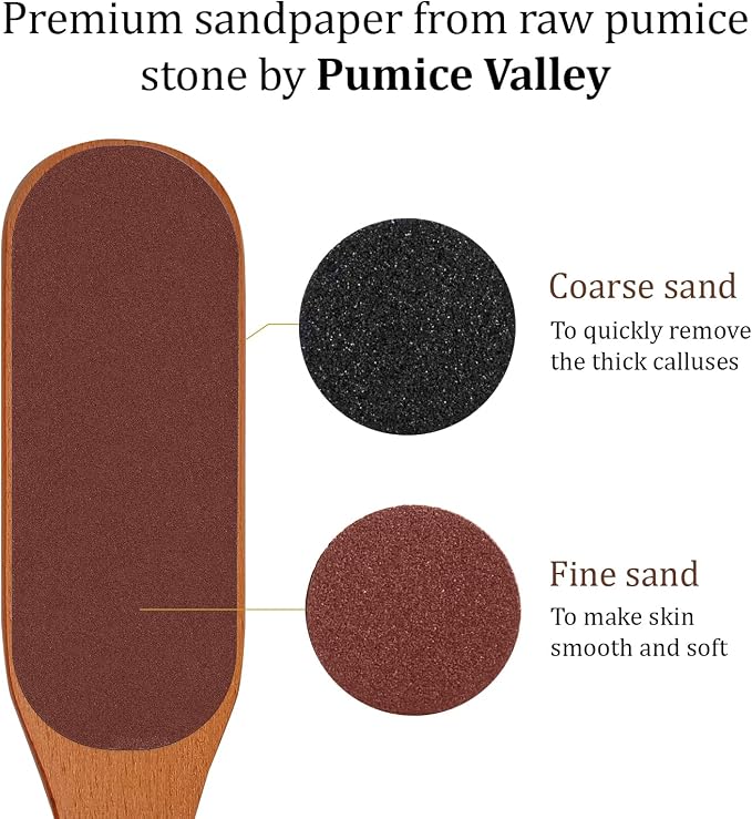 Pumice Stone Foot File - Wooden Pedicure Feet Scrubber with Handle for Callus, Dry, and Dead Skin Removal - Heel Scraper for Feet, Hands, and Body - Foot Filer for Use in Shower