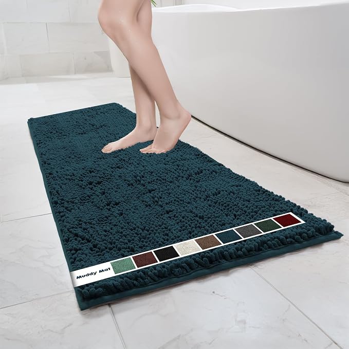 Muddy Mat Chenille Bathroom Rugs Quick Dry Microfiber Mats Non Slip Washable, Extra Thick, Soft and Highly Absorbent Bath Mats for Bathroom, Kitchen, and Shower Floor - Atlantic Blue Runner 59"X24"