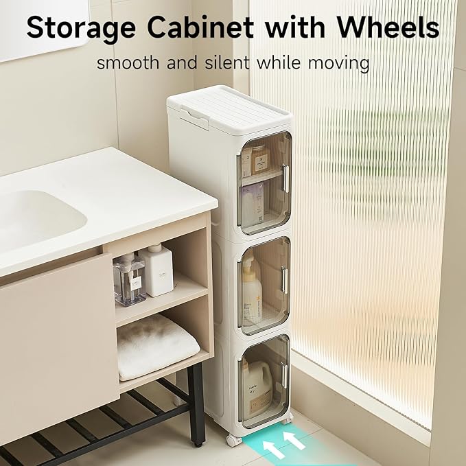 UFORU 2-Tier Narrow Storage Cabinet with Magnetic Doors and Shelves, Plastic Slim Bathroom Organizers and Storage with Wheels for Small Spaces Bathroom, Kitchen, White