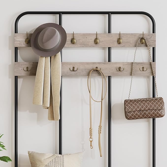 HOOBRO Hall Tree with Bench, Entryway Bench with Coat Rack, Mud Room Rack with 12 Double Hooks and Shoe Storage, Coat Tree, Shoe Organizer, for Foyer, Front Door, Greige and Black BG05MT01