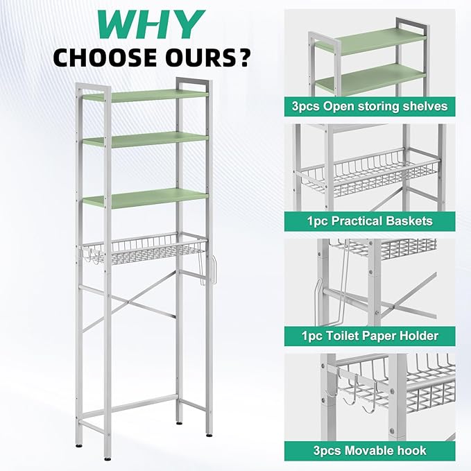Kalrin Over-The-Toilet Storage Rack, 4-Tier Bathroom Organizer Shelf Over Toilet with Adjustable Shelf and Basket, Freestanding Space Saver Bathroom Shelves Above Toilet for Room (Avocado Green)