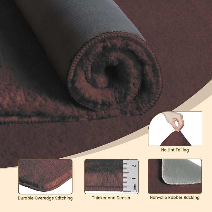 TECHMILLY Fluffy Bathroom Rug Mat 32x20, Absorbent Thick Non Slip Microfiber Mats, Quick Dry Machine Washable Bath Rug for Bathroom Floor, Bathtub and Shower, Brown