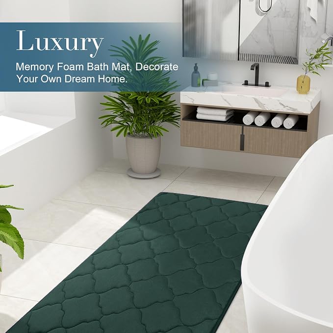 OLANLY Memory Foam Bath Mat Rug 30x20, Ultra Soft and Absorbent Bathroom Rugs, Non-Slip, Comfortable, Machine Washable Bath Carpet for Bathroom Floor, Tub Shower and Home Decor Accessories, Dark Green