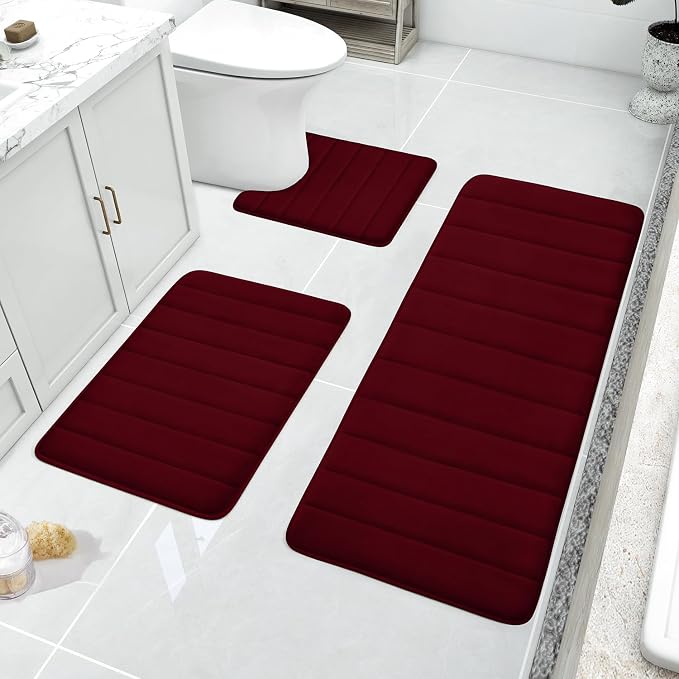 BYSURE Burgundy Memory Foam Bathroom Rug Set 3 Piece, Non Slip Extra Soft Absorbent Machine Washable Toilet Bath Toilet Mat (17"x24"+20"x32"+U Shape 20"x24")