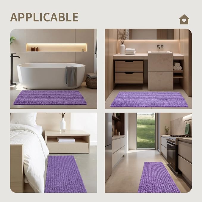 Bathroom Rugs Non Slip Washable 44x24, Extra Thick Soft Chenille Absorbent Bath Mat, High Density Barrier Non Slip Backing, Quick Dry Plush Shaggy Floor Carpet for Tub&Shower, Purple
