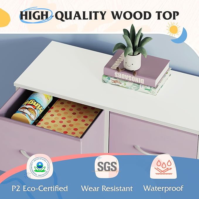 WLIVE 7 Drawer Dresser TV Stand, Entertainment Center, Media Console Table with Metal Frame and Wood Top for TV up to 45 inch, Chest of Drawers for Bedroom, Living Room, Purple