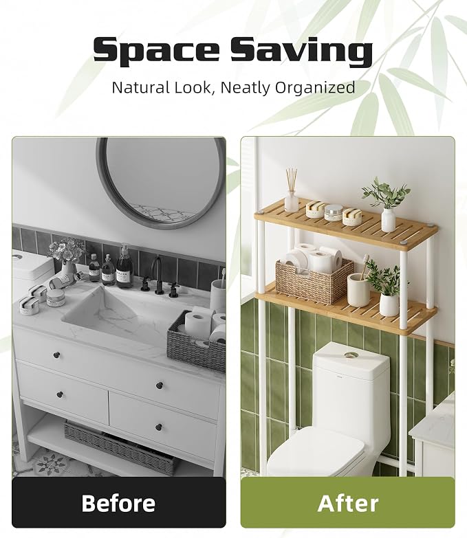 LiSHELF Bamboo Over The Toilet Storage Shelf 2-Tier Bathroom Organizer Rack Freestanding Above Toilet Shelves Space Saver for Small Bathroom, Laundry, White