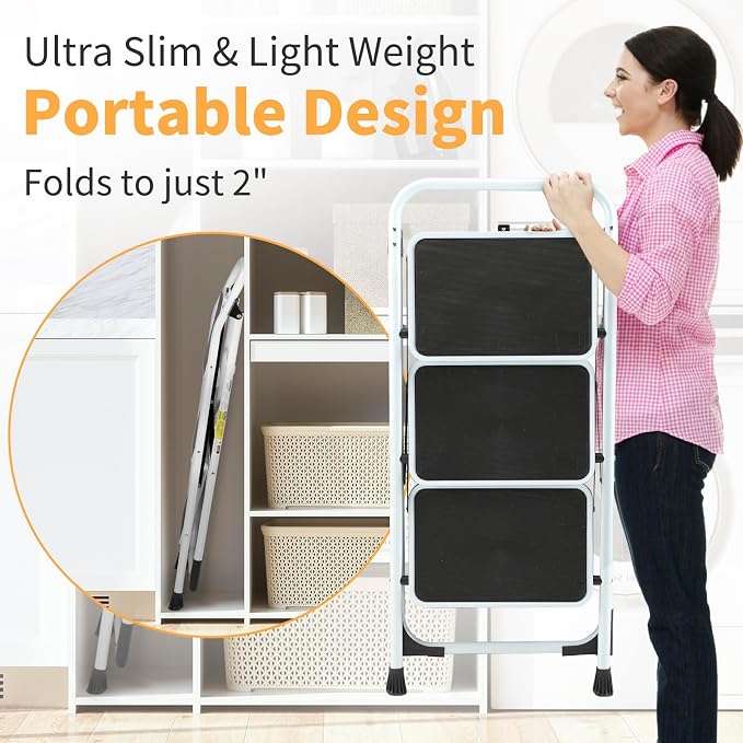Winado 3 Step Ladder, Folding Step Stool with Wide Anti-Slip Pedal, Lightweight Convenient Handgrip Sturdy Steel Ladder, Portable Steel Step Stool 330 LB Capacity