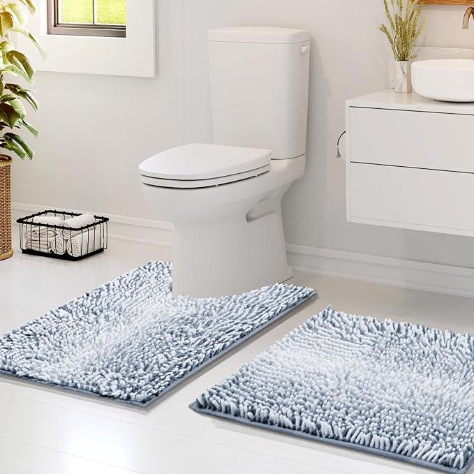 Hearth & Harbor Bathroom Rugs, Chenille Bath Mat - Machine Washable Bath Mats for Bathroom Non-Slip Backing Rubber, Quick Dry Bathroom Mat, 17 x 24 + 20 x 24 - Ombre Blue