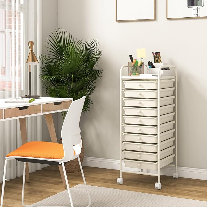 10-Drawer Rolling Storage Cart, Trolley w/Lockable 360° Wheels, 10 Removable PP Drawers, Sturdy Metal Frame, Rolling Utility Cart Perfect for Home, Office, Classroom (Ivory)