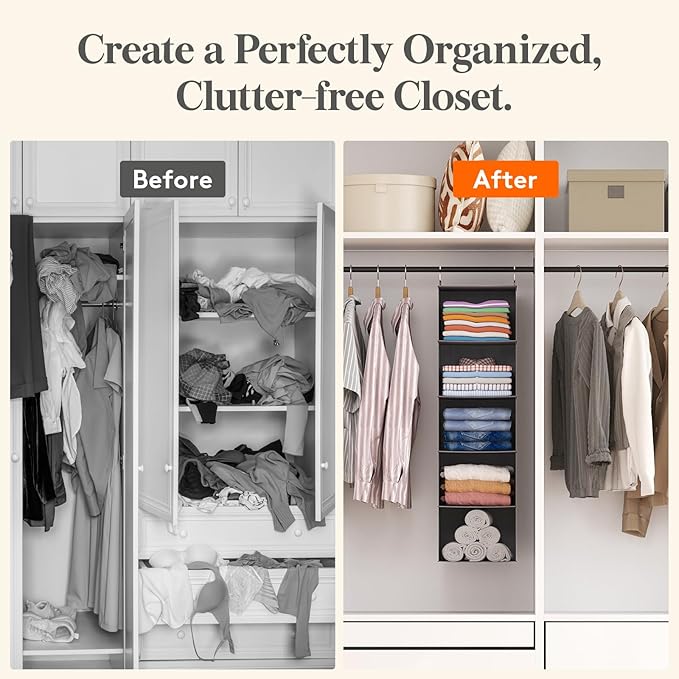 Lifewit 5 Tier Hanging Closet Organizer and Storage for Shelves, Foldable Clothes Shelf with 2 Sturdy Hooks, Sweater/Coat/Shoes Clothing Organization for Wardrobe, Dorm, Bedroom, Gray