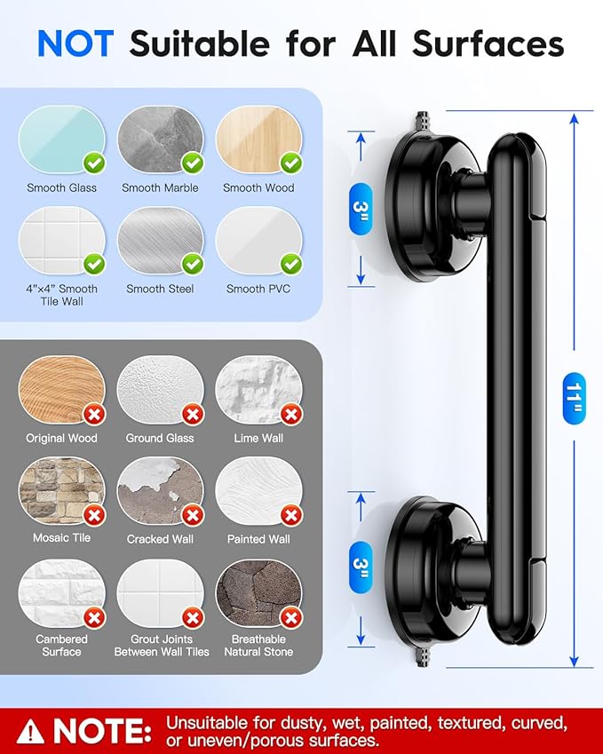 Upgraded 2-Pack Grab Bars for Shower Bathroom Wall, Heavy-Duty Suction Grab Bars Shower Handle Safety for Elderly Seniors Handicap, No Drilling Tool-Free, Easy Removal and Reusable (Black)