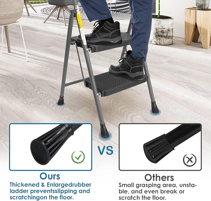 GOLYTON Folding 2-Step Ladder with Anti-Slip Platform and Handrail, Heavy Duty Steel, 500 lbs Capacity, Compact Portable Step Stool for Home, Kitchen & Office Use, Grey