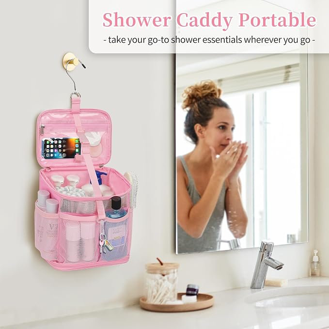 CUBETASTIC Shower Caddy Portable Mesh Shower Tote for Bathroom, Gym, Travel, Camping - Quick Dry Hanging Organizer Toiletry Bag with Handle for College Dorm Room, Men & Women