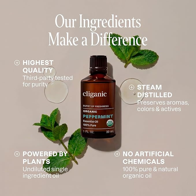 Cliganic Organic Peppermint Essential Oil, 100% Pure Natural Undiluted, for Aromatherapy | Non-GMO Verified