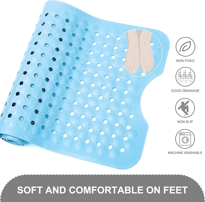 TEESHLY Bath Tub Shower Mat, Non Slip Bathtub Floor Liner Mats with Suction Cups and Drain Holes, Machine Washable Bathmat for Bathroom Floor Safety, 40 x 16 Inch, Sky Blue