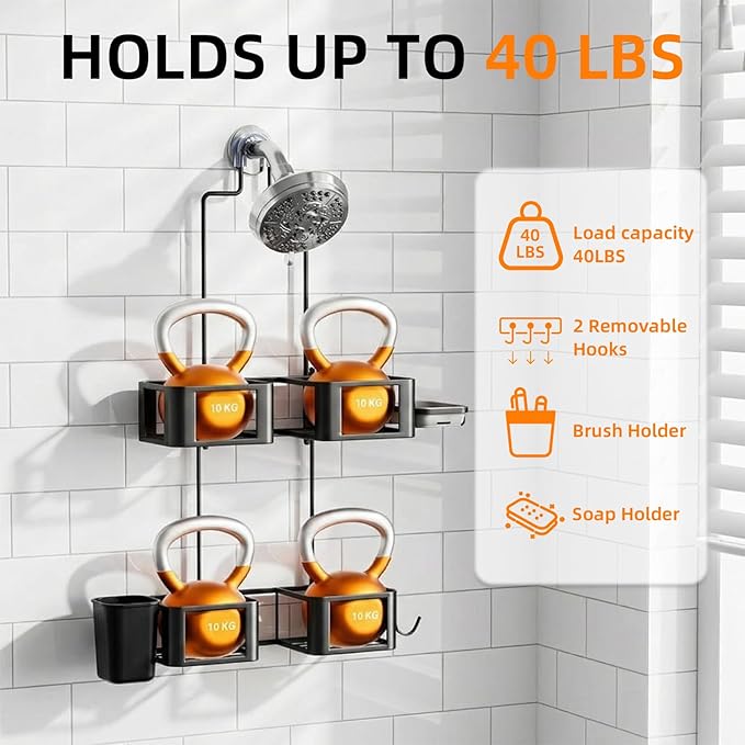 Epicano Shower Caddy for Handheld Showerheads,Black,Stainless Steel | Removable Hooks,Soap Holder & Toothbrush Holder, Rustproof, Anti-Swing, Holds Razor, Sponge, Soap, Toothbrush