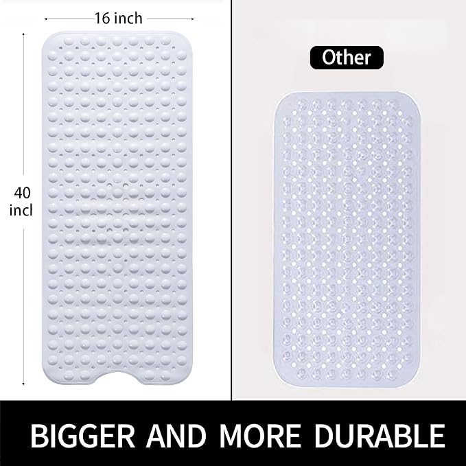 Large Non Slip Bathtub Mat, Extra Long Bath Mat for Tub, 40 x 16 Inch, Machine Washable Shower Mats with Suction Cups and Drain Holes, Bath Tub Mats for Bathroom Non Slip, White