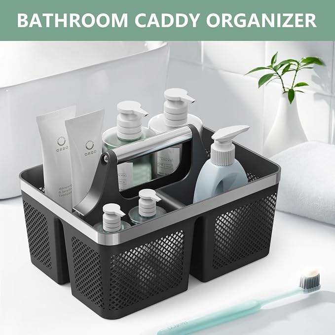 BYUNER Black Shower Caddy Portable: Plastic Bathroom Caddy Organizer with Handle and Holes, Cleaning Caddy, Hard Shower Basket Storage Tote for Toiletry, College Dorm Room Essentials for Men