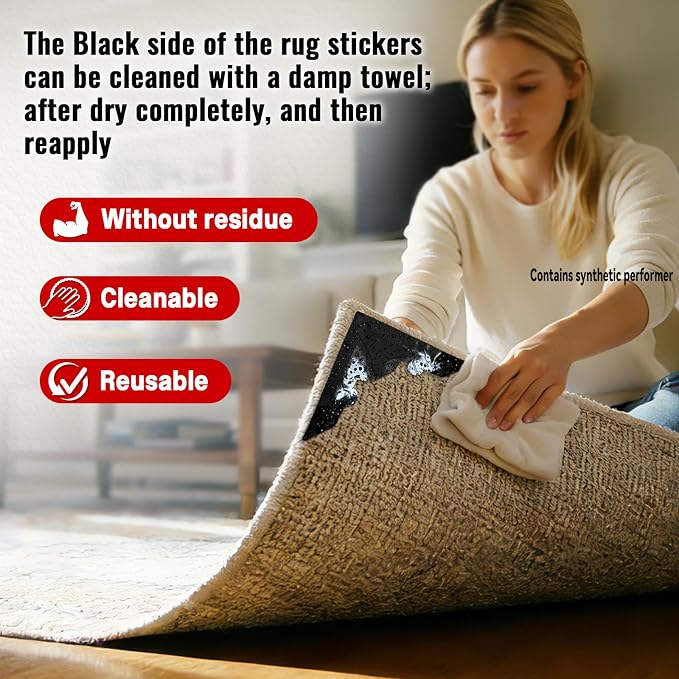 Rug Non Slip Grippers, Reusable Rug Tape, No Damaging for Floor, Carpet Corner Stickers for Hardwood Floors and Tiles, Strong Hold Carpet Gripper for Area Rugs, 24Pcs