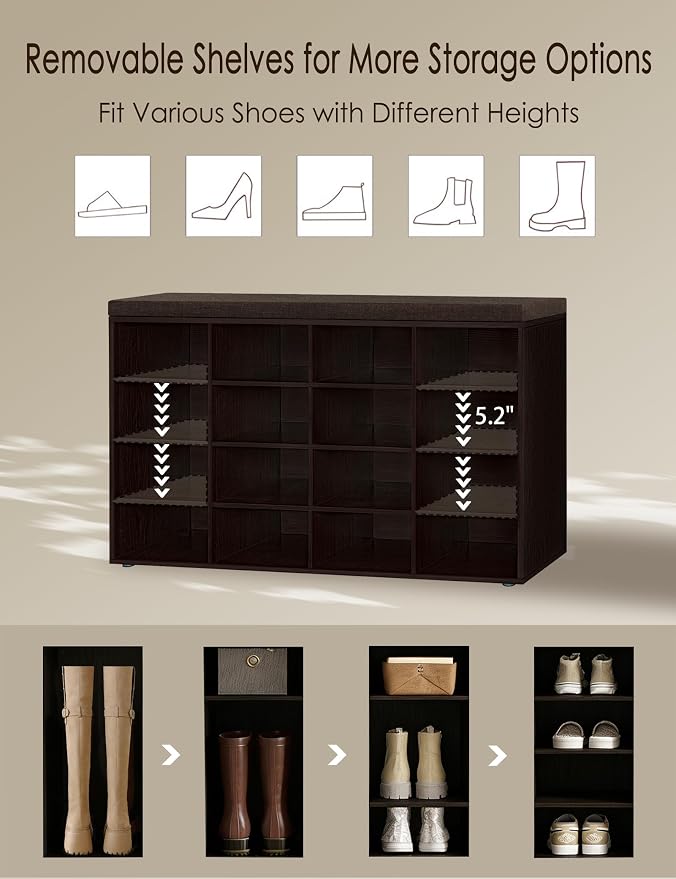DINZI LVJ Shoe Storage Bench with Cushion, 16-Cubby Shoe Rack, Adjustable Shelves, Multifunctional Shoe Organizer Bench for Entryway, Mudroom, Hallway, Living Room, Bedroom and Garage, Espresso