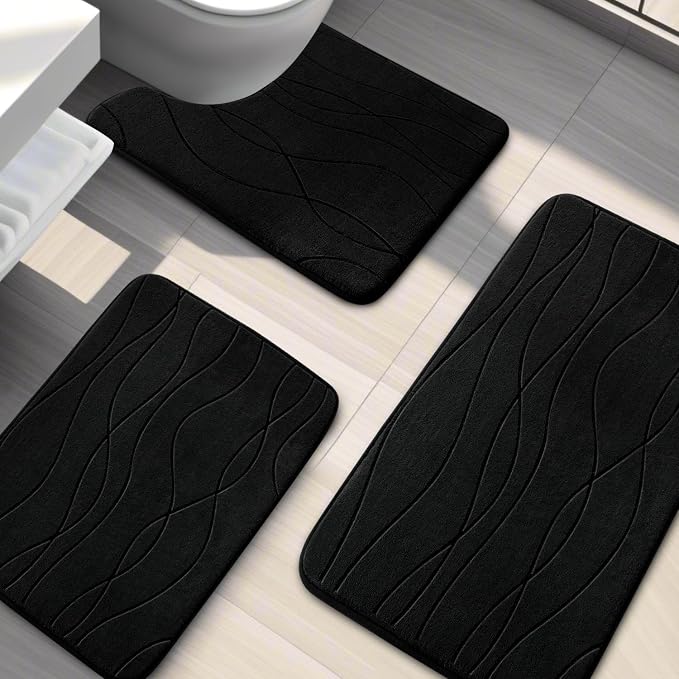 YIHOUSE Memory Foam Bathroom Rug Sets, Black, 3 Piece | Ultra Soft, Absorbent, Non-Slip, Machine Washable