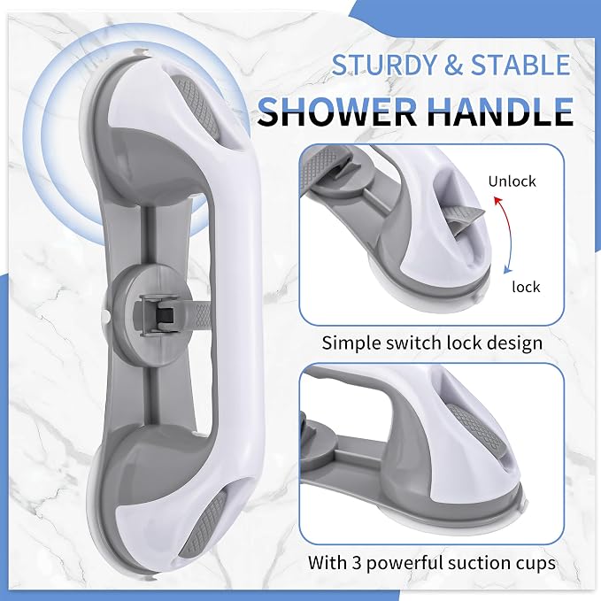 Strong Suction Grab Bars for Shower and Bathroom with 3 Suction Cups, Heavy Duty Safety Handles for Elderly and Seniors – No Drill Removable 2 Pack, Waterproof Non-Slip Bath Handr