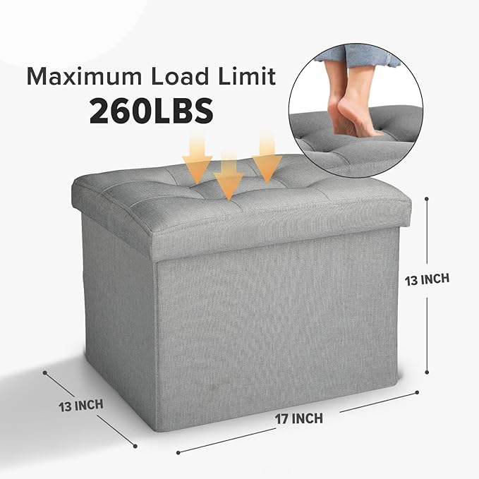 LINMAGCO Small Storage Ottoman Stool Foot Rest Stool Under Desk Stool Short Folding Ottoman Linen Cloth Light Gray 17X13X13IN