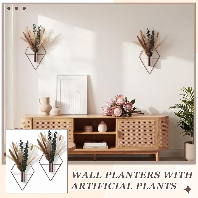Jexine 4 Pcs Hanging Planters with Artificial Pampas Metal Hanging Vase Indoor Plants Holder Modern Geometric Boho Bathroom Wall Decor for Living Room Home Office, Bronze