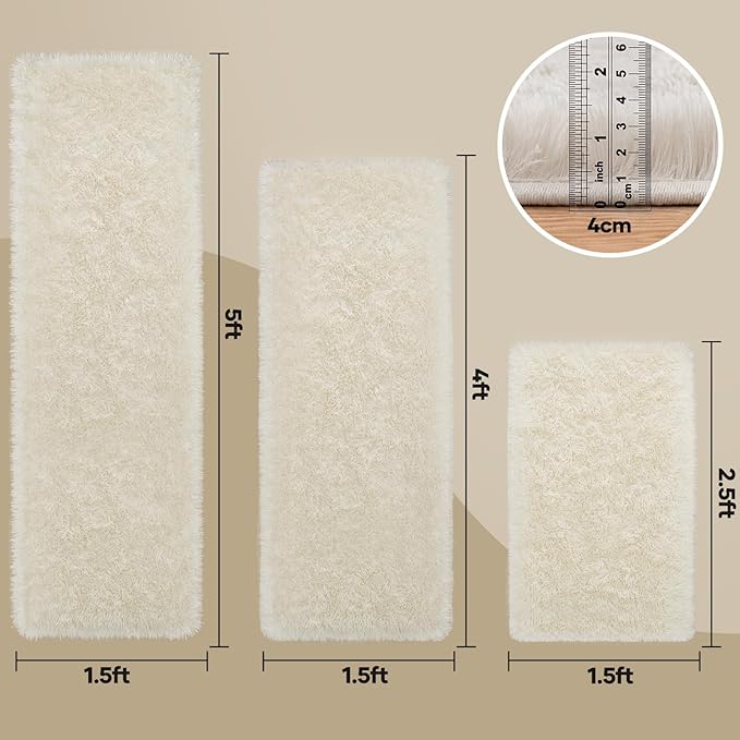 Ophanie Small Rug Washable Non Slip Throw Bedside Area Rugs, Fluffy Soft Mini Bedroom Carpet, 1.5x2.5，1.5x4 and 1.5x5 Rug Set, 3 Piece Ivory