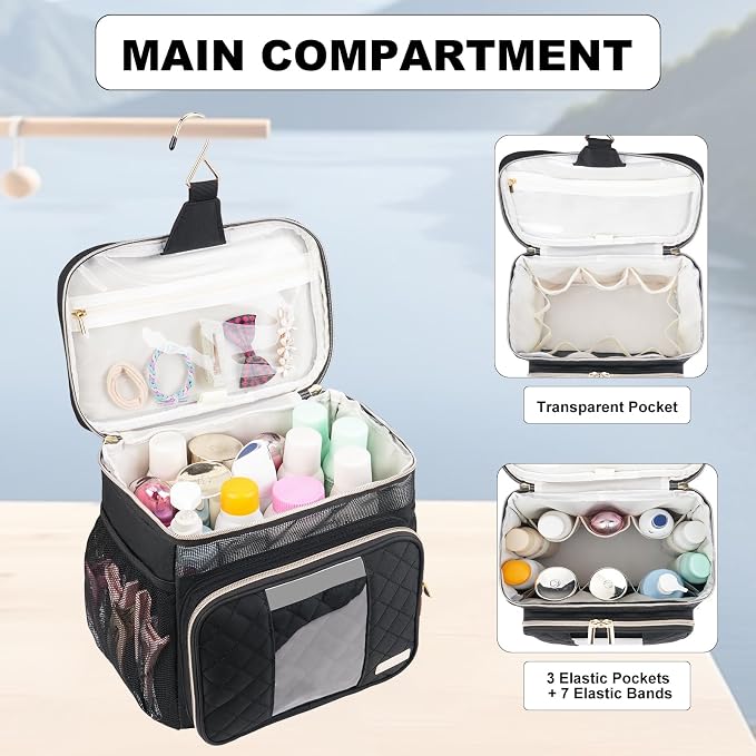 Portable Shower Caddy College Dorm Essentials (Full Size Bottle Compatible), Toiletry Bag for Women Men, Hanging Makeup Bag with Quickly Dry Mesh Base for Travel,Gym & Camping, Black