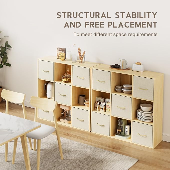EXPERLAM 9 Cube Storage Organizer - Solid Wood Bookshelf with 5 Storage Bins, Cube Shelf with 3 Removable Back Panels, Vertical or Horizontal Bookcase, Open Book Shelf for Bedroom, Living Room, Office