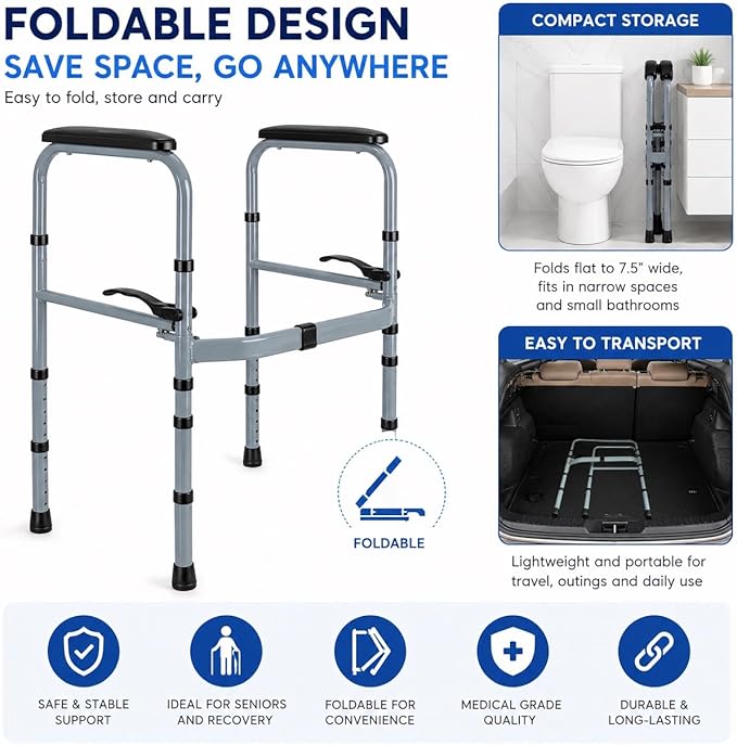 Toilet Safety Rails for Seniors, Foldable Stand Alone Toilet Safety Frame with Adjustable Handles, Freestanding Bathroom Rail for Easy Sitting & Standing, Fits Standard & Elongated Toilets, 350 lbs