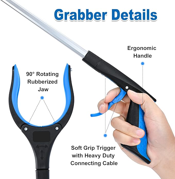 2-Pack Grabber Reacher Tool,32 Inch Foldable Reacher Grabber Pickup Tool with Strong Grip Magnetic,360°Rotating Anti-Slip Jaw,Trash Claw Grabber Tool,Grabbers for Seniors for Outdoor & Indoor (Blue)