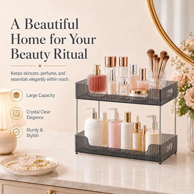 Goderewild Bathroom Counter Organizer, Multi-Purpose Cosmetics Skincare Shelf, Makeup Organizer for Vanity Tray, Countertop Storage Solution for Kitchen and Bath. (Smoky Gray, 2-Tier)