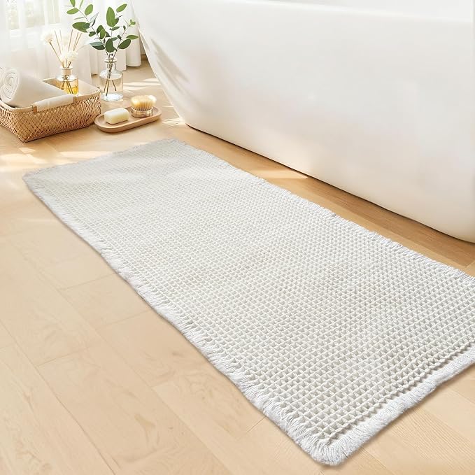 White Bathroom Rugs, Waffle Bath Mat Non Slip Washable, Super Absorbent & Quick Dry, Boho Bath Mat Farmhouse Bathroom Decor, 20'' x 48'', White