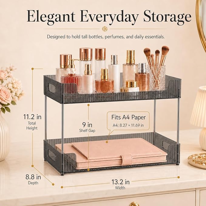 Goderewild Bathroom Counter Organizer, Multi-Purpose Cosmetics Skincare Shelf, Makeup Organizer for Vanity Tray, Countertop Storage Solution for Kitchen and Bath. (Smoky Gray, 2-Tier)