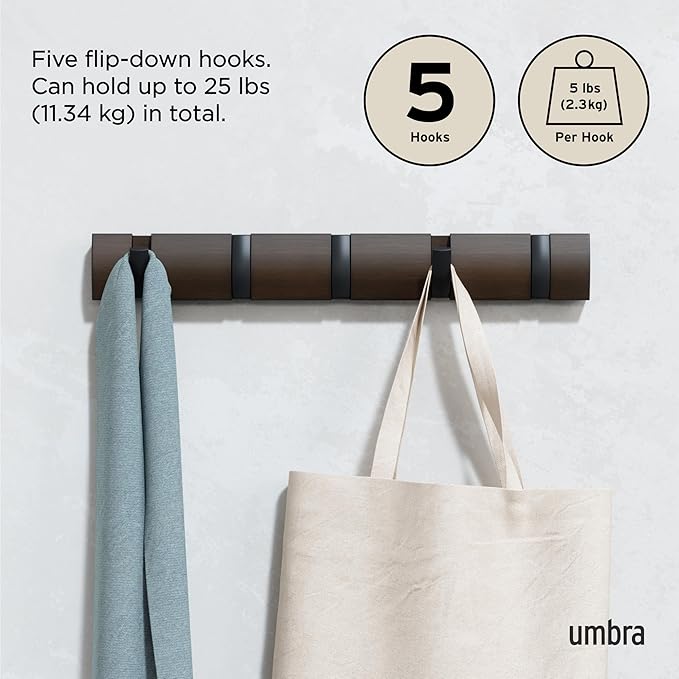 Umbra Flip Wall-Mounted Coat Rack with 5 Hooks – Modern, Space-Saving Storage for Hats, Jackets, Bags, Entryway, Mudroom, Closet, Bathroom, Bedroom – Black/Walnut