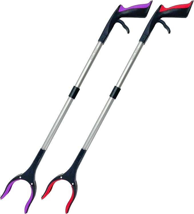 Reacher Grabber Tool 32 Inch 2-Pack, Foldable Trash Picker Grabber, Trash Gripper, Garden Nabber, Litter Picker, Extended Grabber（Red/Purpl)