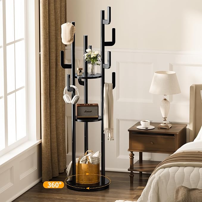 Yoobure Rotary Coat Rack Freestanding - Solid Wood Coat Tree with 9 hooks & 3 Storage Shelves for Purse, Bag, Jacket, Hat, Corner Hanger Stand Racks for Hall, Entryway, Office, Clothes Holder, Black