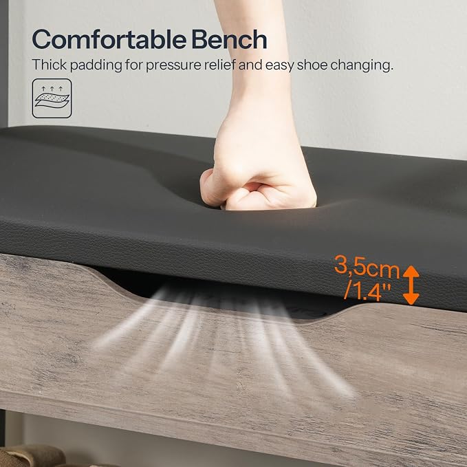 HOOBRO Hall Tree with Bench, Shoe and Coat Rack for Entryway, Coat Rack with Bench, Flip Top Storage Box, PU Cushioned Seat, Non-Woven Fabric Drawer, for Entrance, Greige and Black BG110MT01