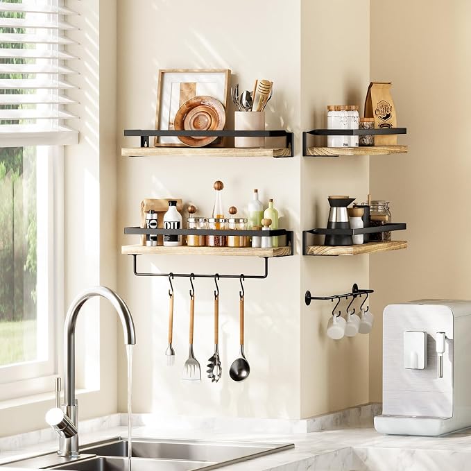 AMADA HOMEFURNISHING Bathroom Shelves with Towel Bar, Floating Shelves, Wall Shelves for Bathroom/Living Room/Kitchen/Bedroom, Light Brown, Set of 2 - AMFS01