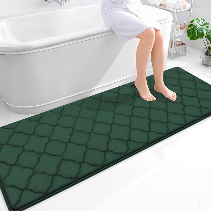 OLANLY Memory Foam Bath Mat Rug 70x24, Ultra Soft and Absorbent Bathroom Rugs, Non-Slip, Comfortable, Machine Washable Bath Carpet for Bathroom Floor, Tub Shower and Home Decor Accessories, Dark Green