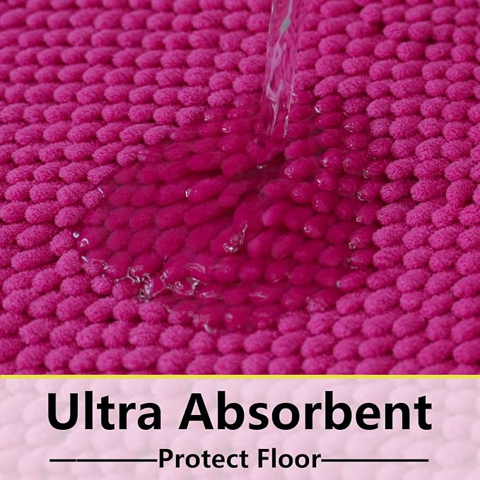 Bathroom Rugs Chenille 3-Piece Extra Soft and Absorbent Shag Bathroom Rugs, Machine Wash Mat, Strong PVC Non-Slip Underside, Plush Carpet Mats (Rose Red)